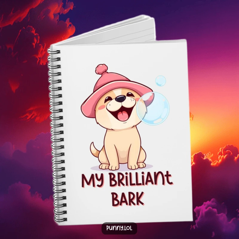 Funny notebook cover featuring a happy dog wearing a silly hat, barking at a floating bubble, offering a cheerful and practical space.