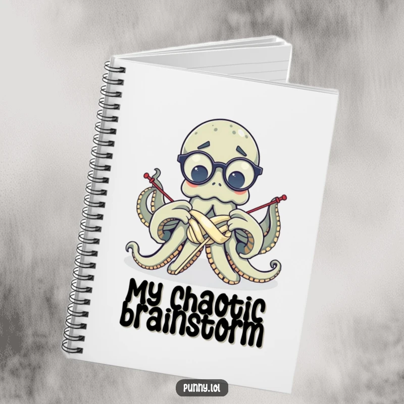 Notebook cover showcasing a funny, confused octopus in glasses, struggling with knitting, making note-taking amusing.