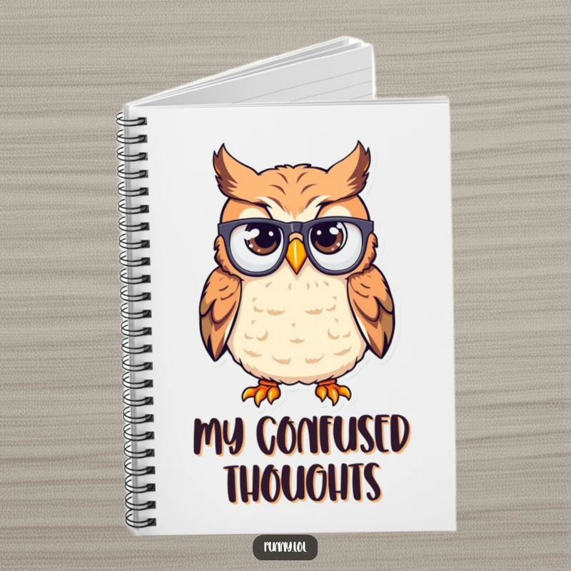 Funny notebook cover featuring a bewildered owl wearing eyeglasses upside down on its beak, ideal for journaling and notes.