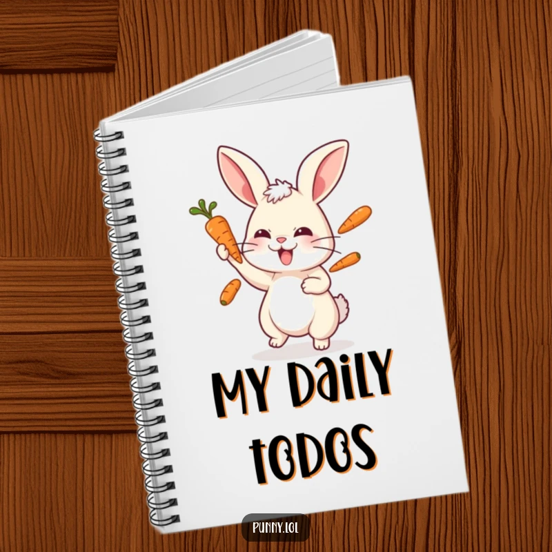 Funny rabbit notebook cover showing a playful bunny juggling three carrots, ready for jotting down creative ideas.