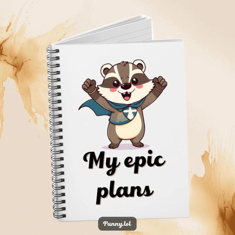 Funny notebook cover featuring a triumphant badger wearing a superhero cape, striking a heroic pose, offering a powerful and practical space.