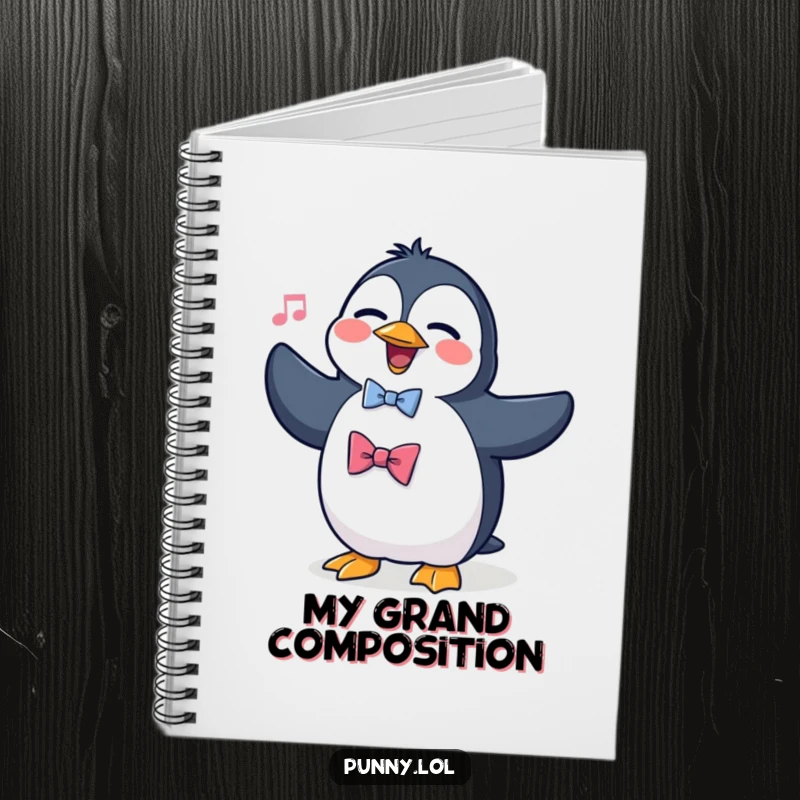 Funny notebook cover featuring a silly penguin wearing a bowtie, attempting to sing opera, offering a dramatic and practical space.