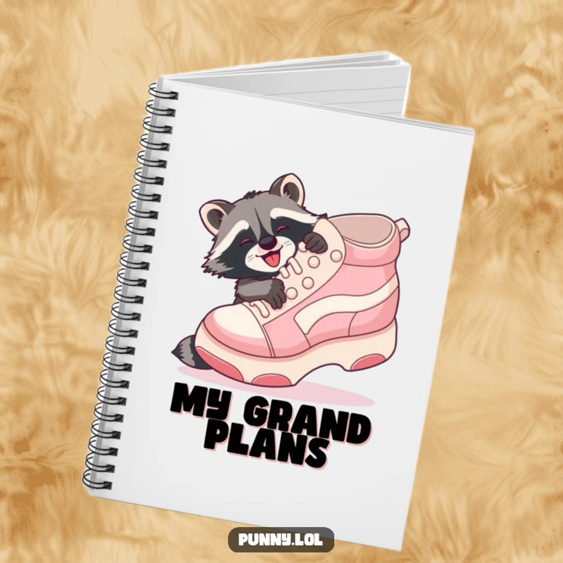 Funny Raccoon Shoe Hug Notebook: A playful raccoon gleefully hugs a giant inflatable shoe, ready for notes.