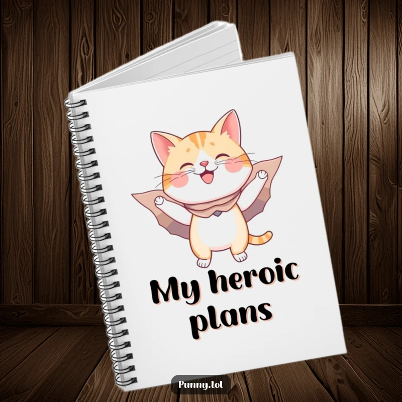 Funny notebook cover: a happy cat in a cape and cardboard wings pretends to fly, inspiring heroic notes.