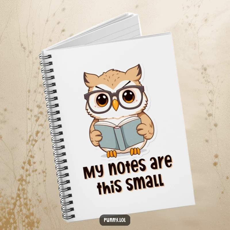 Funny Owl Notebook with a surprised owl wearing oversized glasses reading a tiny book, great for notes and a funny gift.