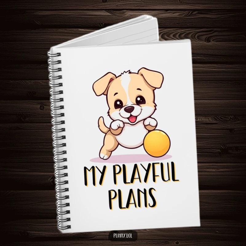 Funny notebook cover featuring an energetic puppy trying to catch a bouncing ball, ideal for journaling and creative notes.