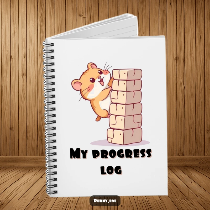 Funny hamster notebook cover showing a determined rodent climbing a tall block, ready for jotting down big ideas.