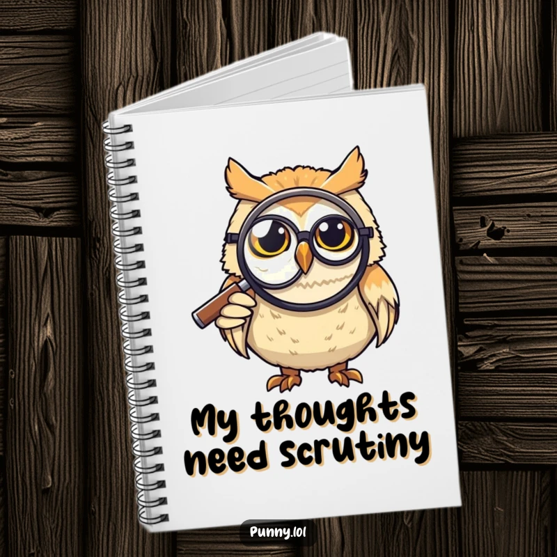 Funny Notebook: A grinning owl with a monocle uses a giant magnifying glass, inspiring wit and creativity, a great funny gift.
