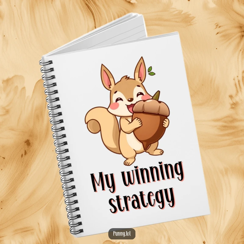 Funny notebook with a beaming squirrel holding a giant acorn like a trophy, for notes and plans.