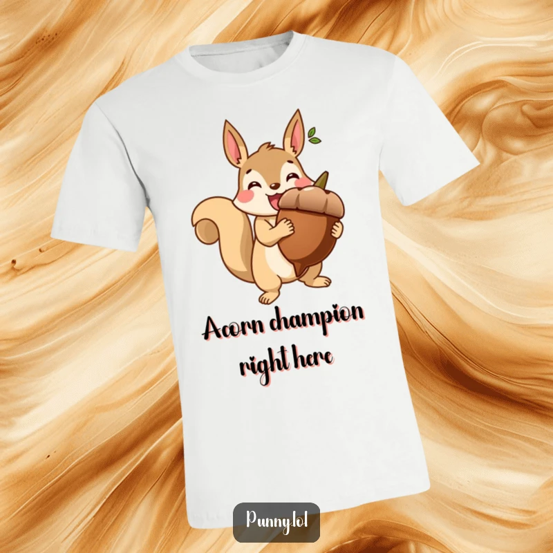 Funny t-shirt depicting a beaming squirrel holding a giant acorn like a trophy, symbolizing achievement and pride.