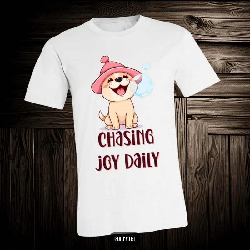 Funny t-shirt depicting a happy dog wearing a goofy hat and barking with delight at a floating bubble, conveying pure, silly fun.
