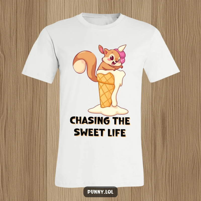 Funny Squirrel T-Shirt depicting a determined squirrel trying to climb a giant, melting ice cream cone, a fun and funny gift.
