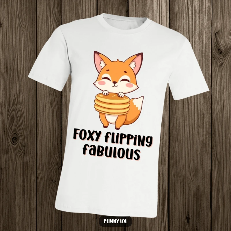 Funny, mischievous fox winking, wearing a t-shirt and balancing a huge stack of pancakes, perfect for gifting.
