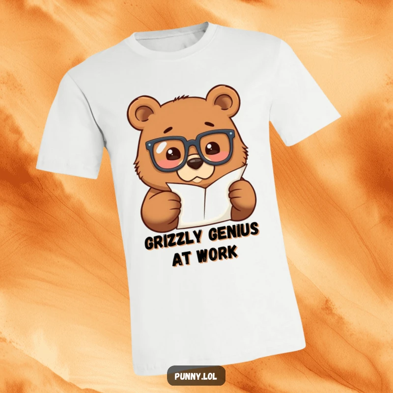 Funny t-shirt of a bear with oversized glasses, meticulously examining a tiny paper, embodying intense academic focus and humor.