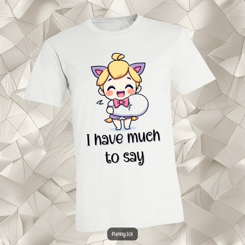 Funny Bowtie Character Speech Bubble T-Shirt: A humorous graphic tee with a delighted character in a bowtie holding a large, empty speech bubble.