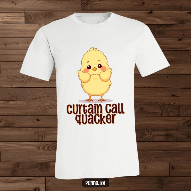 Funny chick t-shirt showing a fluffy bird in a theatrical pose, executing a dramatic stage bow with flair.