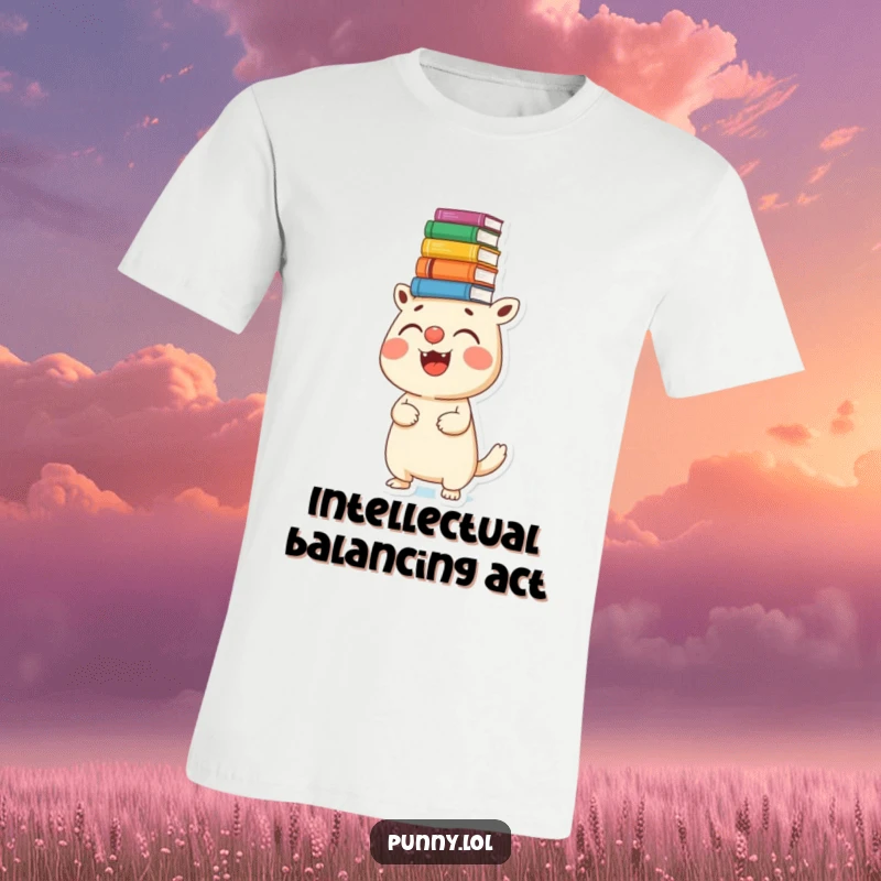 Funny t-shirt with a joyful creature precariously balancing a stack of books on its nose, perfect for witty bookworms.