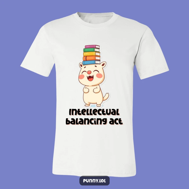 Funny Creature Balancing Books T-Shirt - Comical Reading Tee, Great Gift