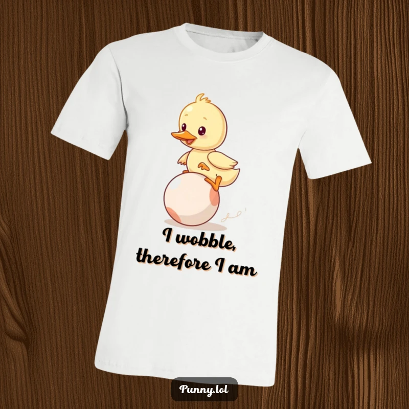 Funny Duckling T-Shirt: A wobbly duckling hilariously tries to master a bouncing ball, embodying pure, comical struggle and effort.