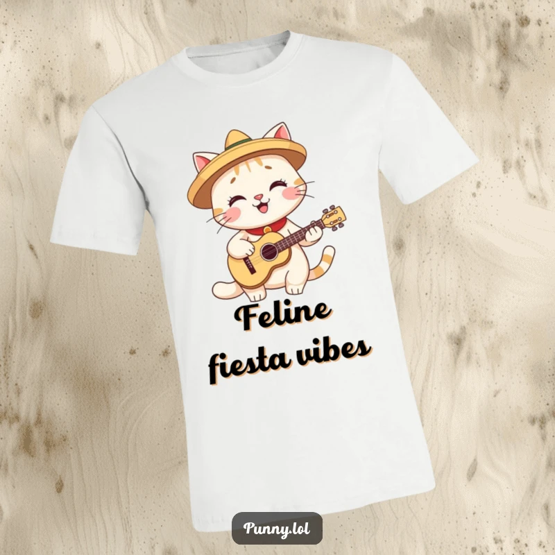 Funny t-shirt showing a smiling cat wearing a tiny sombrero and playing a miniature guitar, exuding joy.