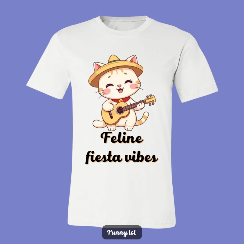 Funny Fiesta Cat Sombrero T-Shirt - Playful Guitar Playing Cat