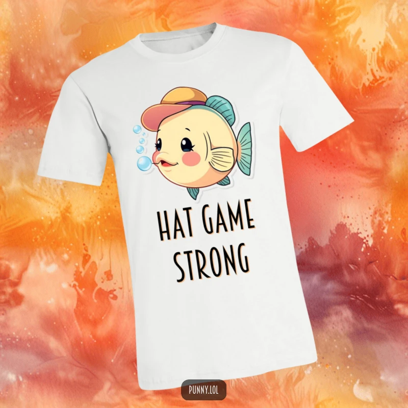 Funny fish t-shirt with a cute hat exhaling a stream of bubbles, showcasing a peculiar yet amusing character.