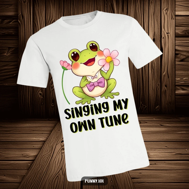 Funny T-Shirt: A cheerful frog in a tiny bowtie singing into a flower, printed on a fun tee.