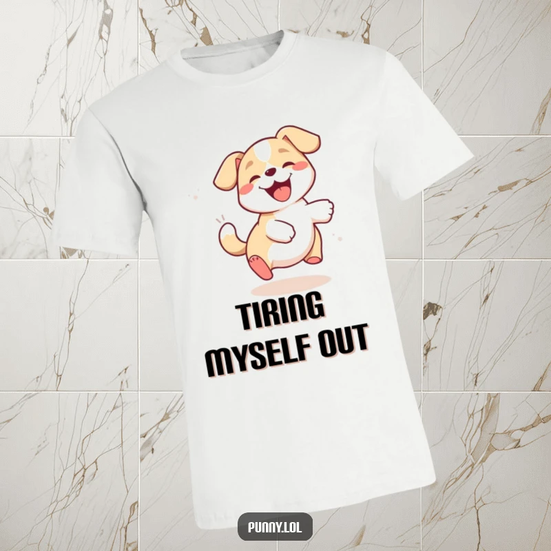 Funny dog t-shirt depicting a happy, giggling puppy comically chasing its own tail in a dizzying, hilarious circle.