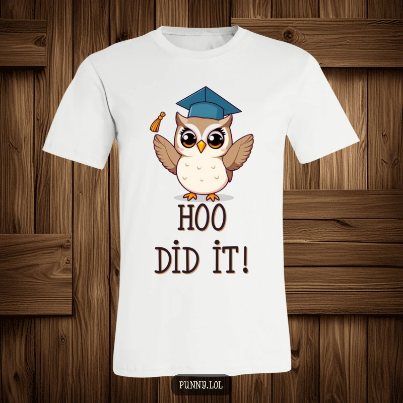 Funny t-shirt showcasing a proud owl tossing its graduation tassel, symbolizing wisdom and achievement with a humorous flair.