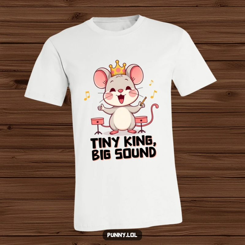 Funny mouse wearing a crown, conducting an imaginary orchestra with a baton on a t-shirt, a harmonious design.