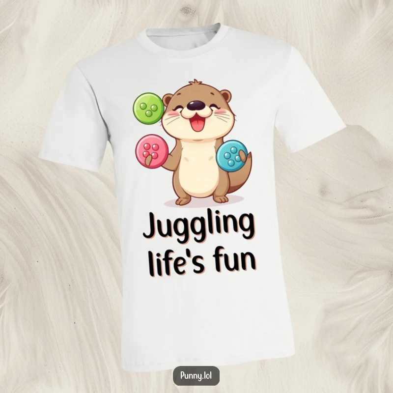 Funny T-Shirt: A playful otter delightedly juggling large, shiny buttons, printed on a soft tee.