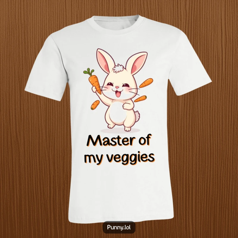 Funny rabbit t-shirt depicting a playful bunny in mid-air, expertly juggling three bright orange carrots.