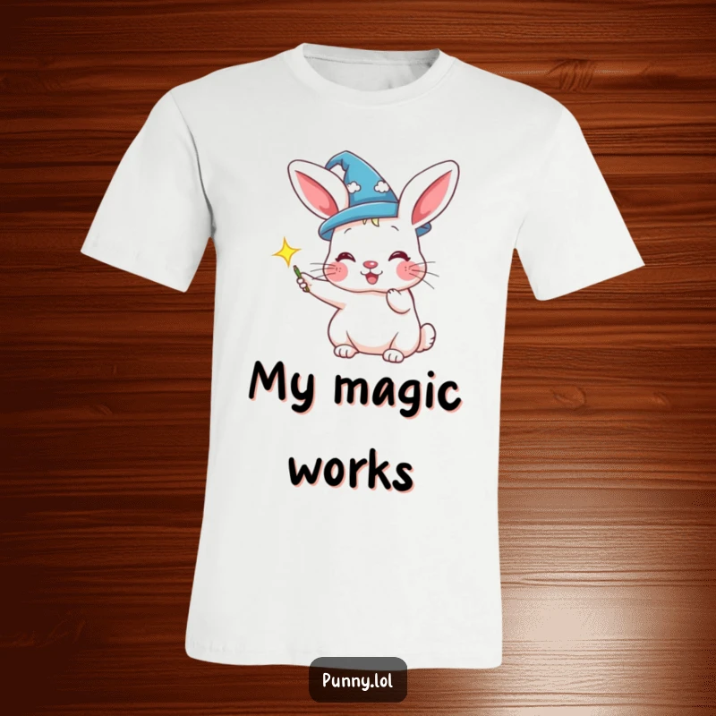 Funny t-shirt with a rabbit in a wizard hat conjuring a sparkle, ideal for magic lovers.