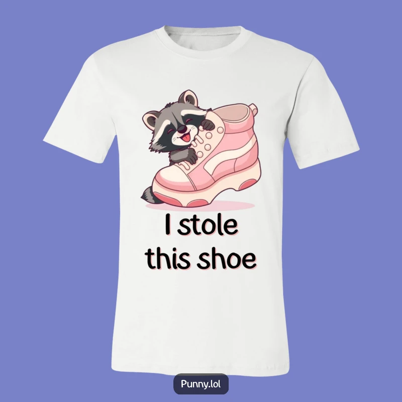 Funny Raccoon Shoe Hug T-Shirt: Playful raccoon with giant shoe, a quirky funny gift!