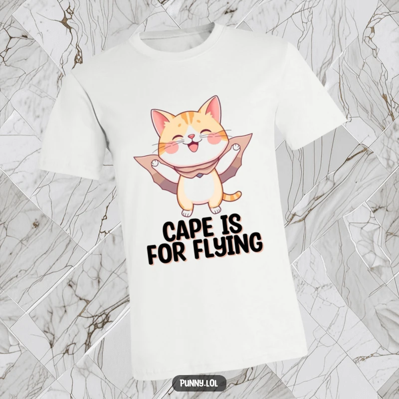 Funny t-shirt graphic: a happy cat with a cape and cardboard wings leaps as if flying, embodying playful heroism.