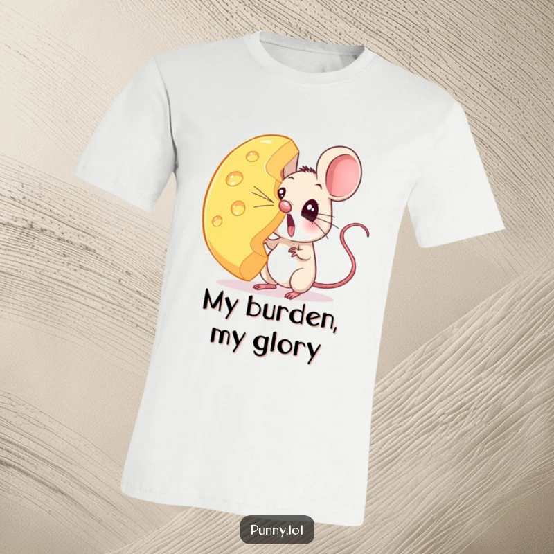 Funny mouse t-shirt featuring a small, shocked rodent attempting to balance a gigantic wedge of cheese on its sensitive nose.