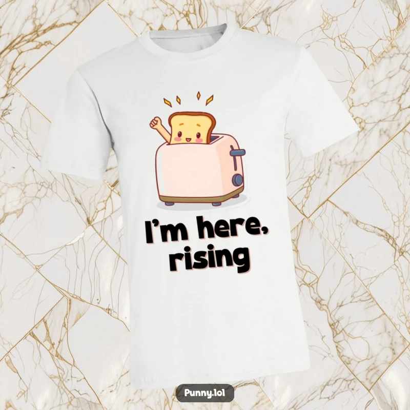 Funny toast character emerging triumphantly from a toaster, printed on a t-shirt that celebrates morning achievements humorously.