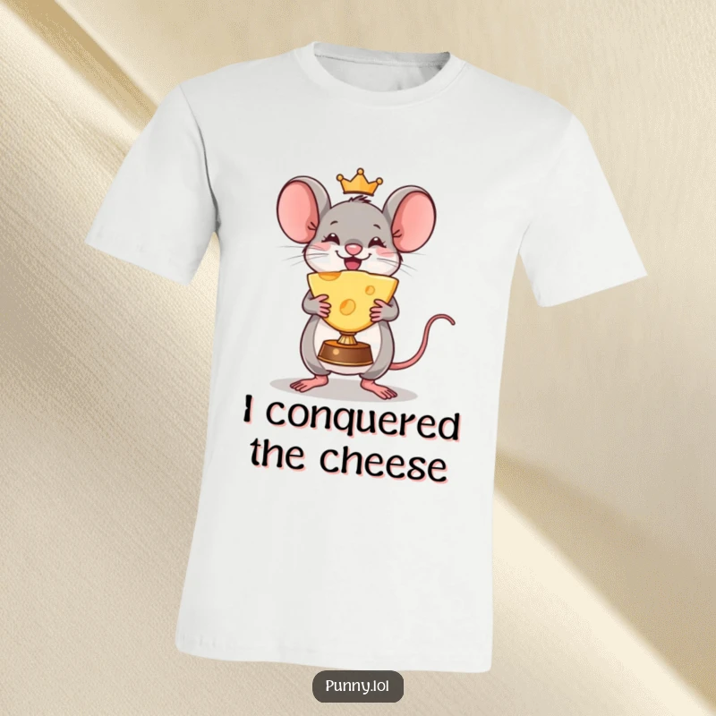 Funny Mouse T-Shirt: A triumphant mouse holds a massive cheese wedge trophy, showcasing pure joy and delicious victory.