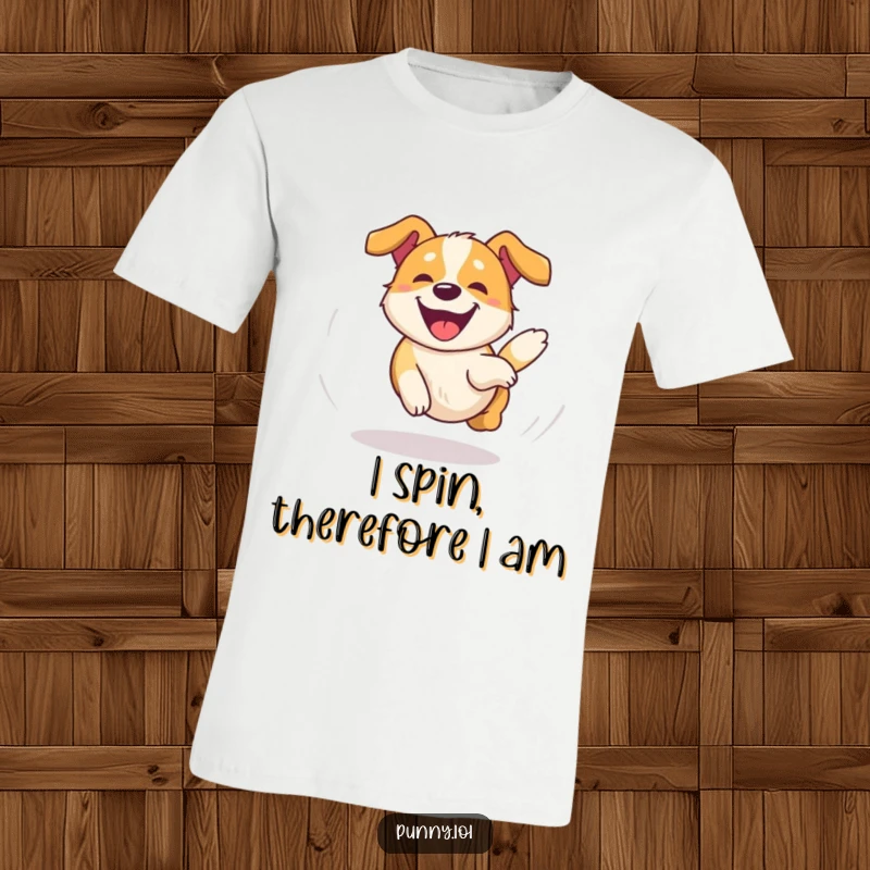 Funny Dog T-Shirt depicting a happy, dizzy dog chasing its tail in an overjoyed circle, perfect funny gift for dog lovers.