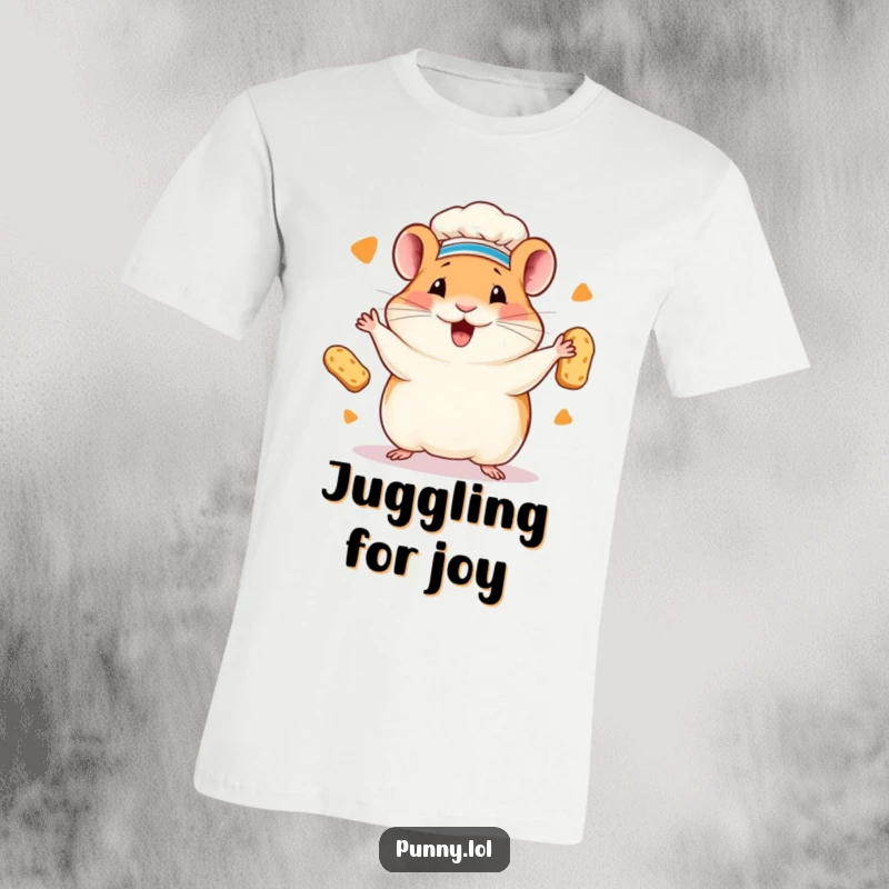 Funny hamster chef t-shirt showing a happy hamster in a chef hat juggling miniature loaves of bread. Humorous apparel for bakers.