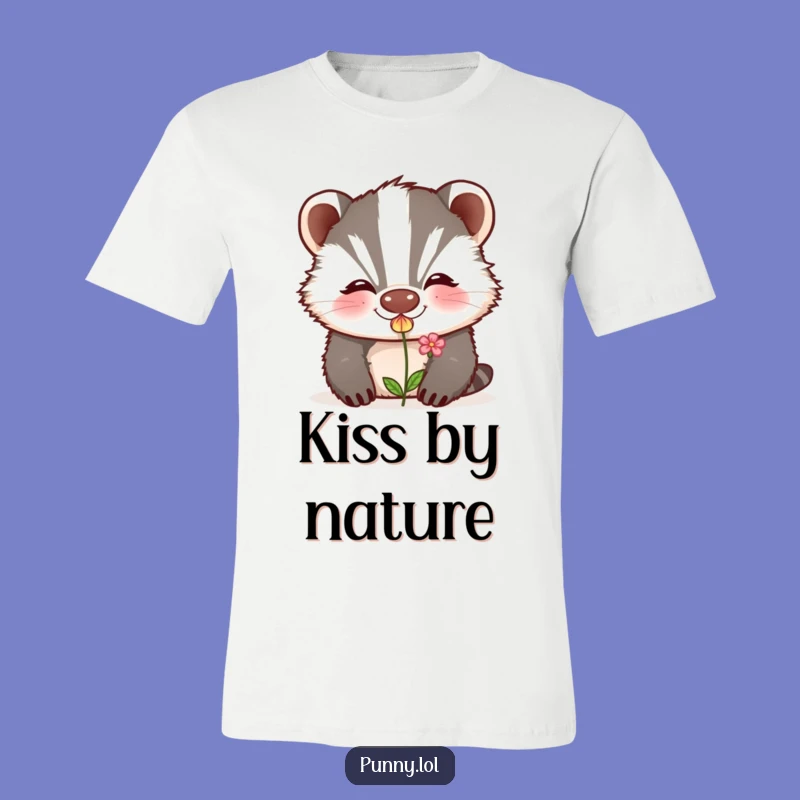 Funny Badger Kiss T-Shirt: Grinning Animal Flower Blowing Tee for Sweethearts
