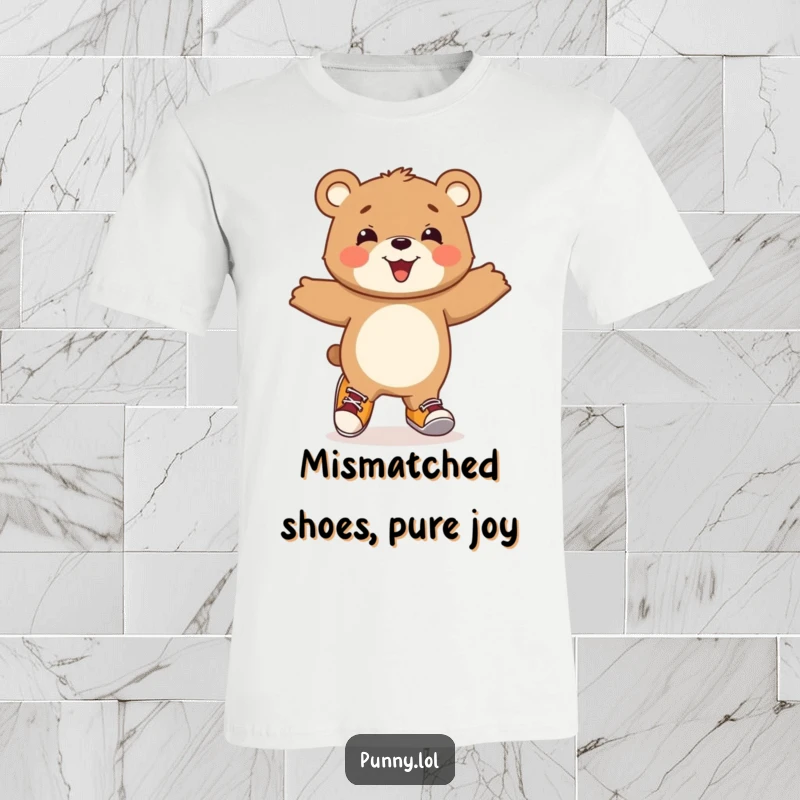 Funny Bear Cub T-Shirt: A beaming bear cub hops excitedly, wearing delightfully mismatched shoes and spreading infectious joy.