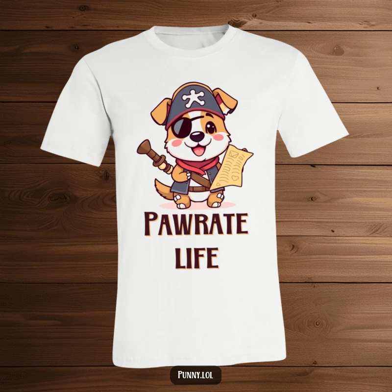 Funny t-shirt showcasing a playful dog in a pirate hat, clutching a treasure map, ready to discover buried riches.