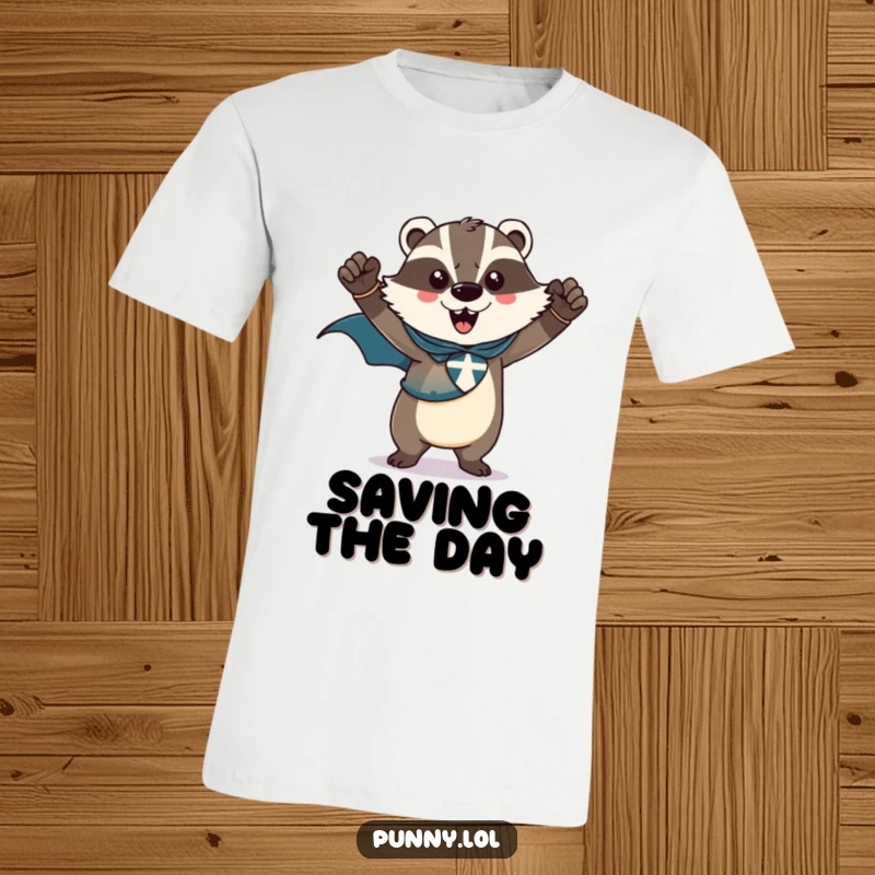Funny t-shirt showing a triumphant badger wearing a superhero cape, striking a powerful pose, embodying courage and victory.