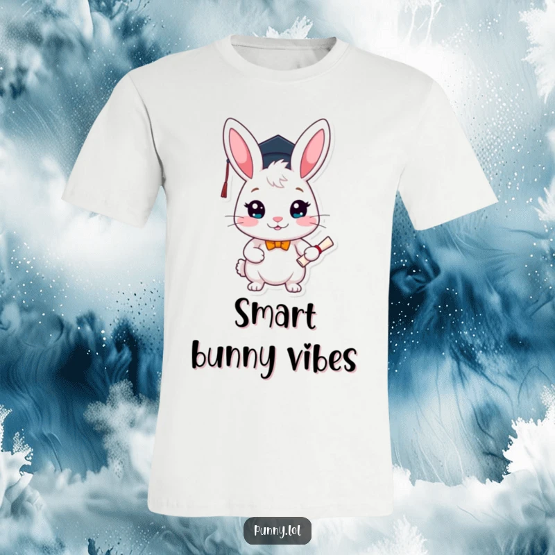 Funny graduation t-shirt with a cute, smiling rabbit in a tiny cap holding a diploma, symbolizing academic accomplishment and joy.