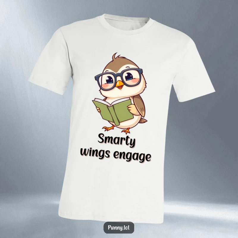Funny t-shirt with a giggling chickadee wearing huge glasses, deeply focused on reading a small book, perfect for witty apparel.