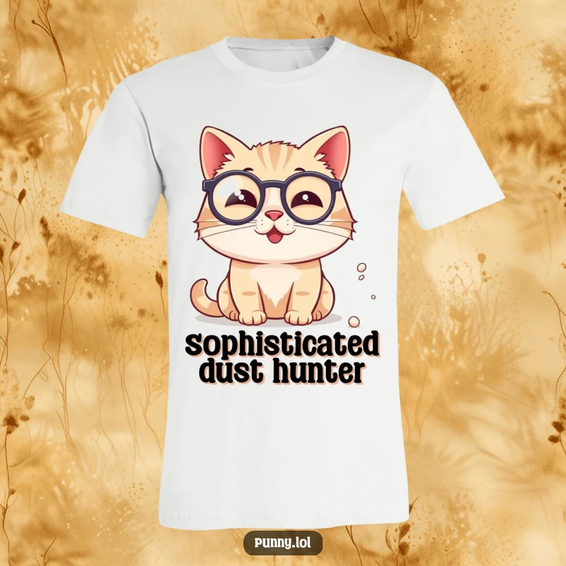 Funny Cat Investigator T-Shirt: A sophisticated cat wearing a monocle examines a minuscule speck of dust with great interest.