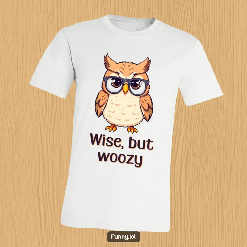 Funny t-shirt featuring a silly owl wearing glasses upside down on its beak, a comical and humorous apparel choice.