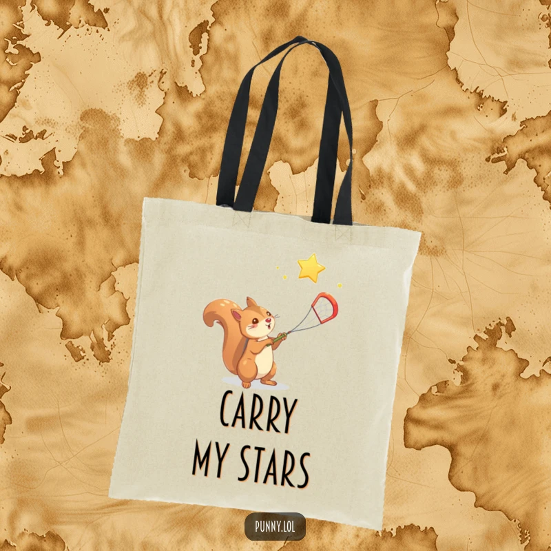 Funny Squirrel Tote Bag: A determined squirrel uses a net to capture a falling star in a whimsical design.