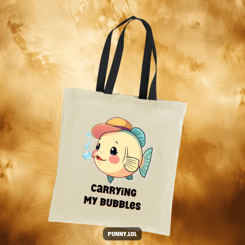 Funny fish tote bag featuring a small hat-wearing fish expelling a stream of bubbles, a comical and useful accessory.